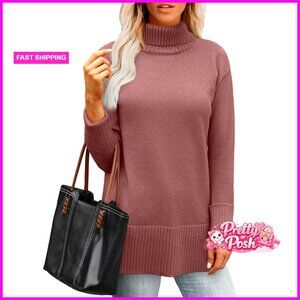 Oversized Turtleneck Pullover Sweater Side Split Hem Loose Fit